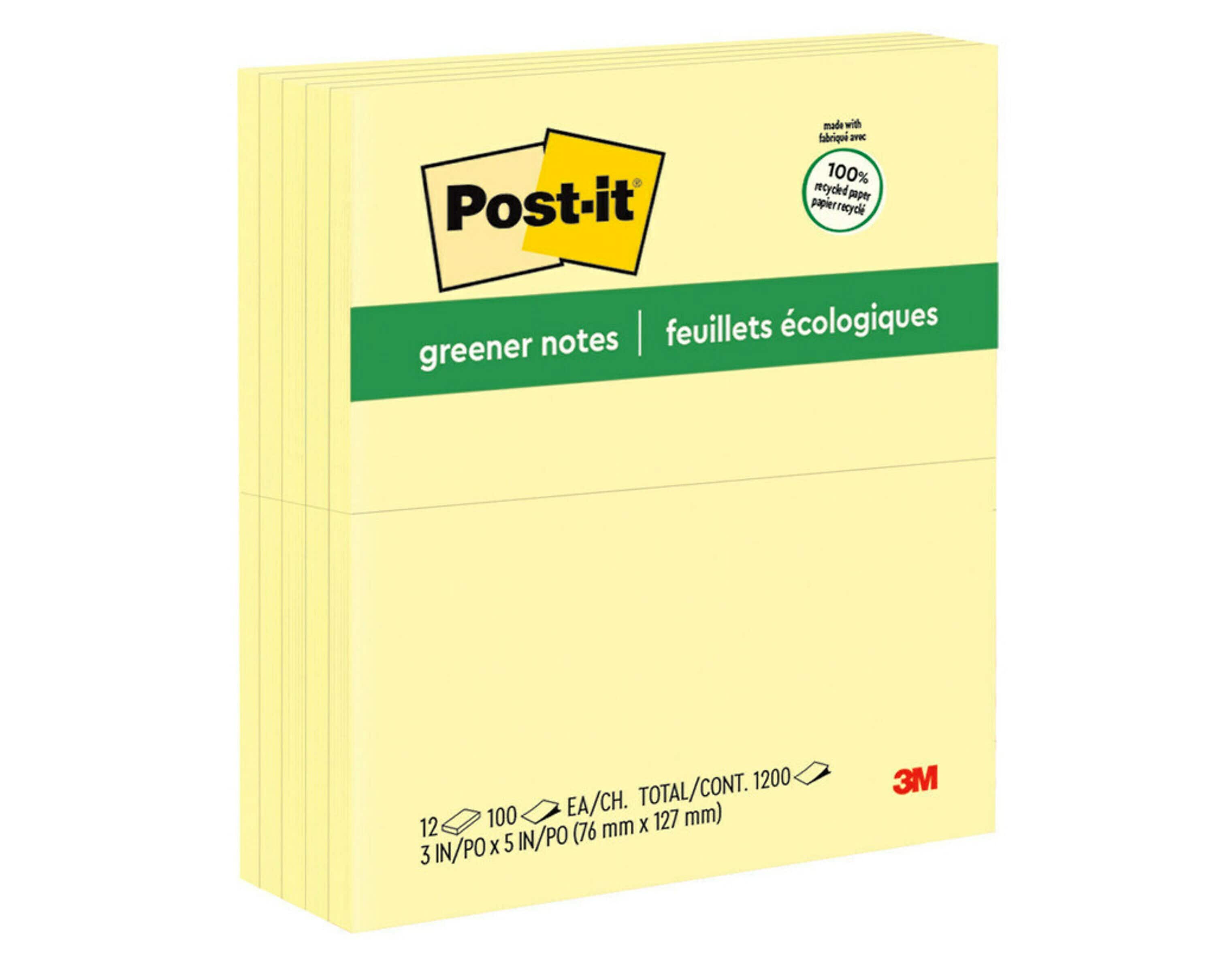 Post-it Greener Recycled Notes, 3" x 5", Canary Collection, 100 Sheet/Pad, 12 Pads/Pack (655RPYW)