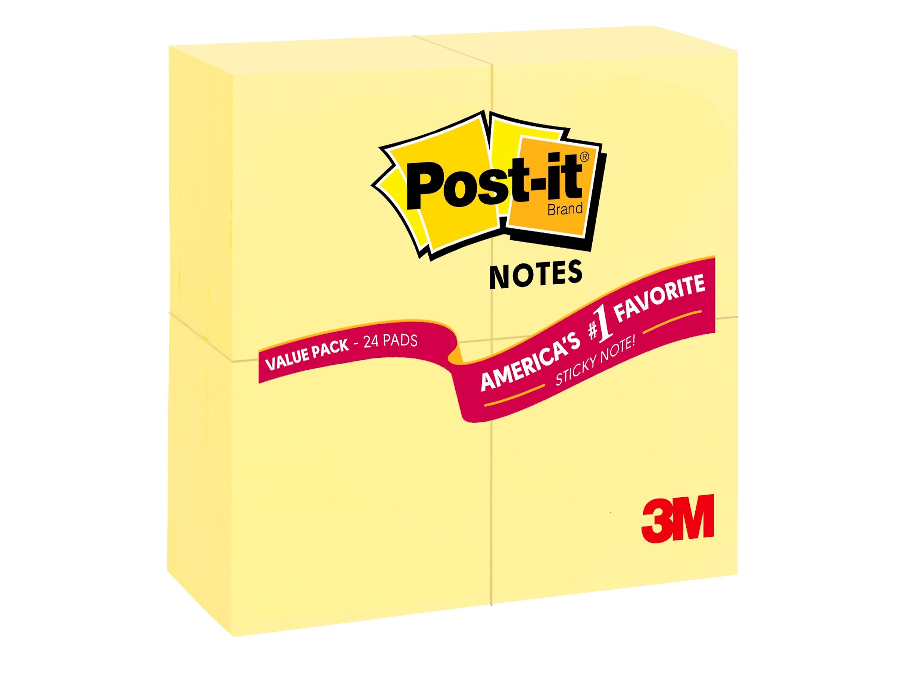 Post-it® Notes, 3" x 3", Canary Yellow, 90 Sheets/Pad, 24 Pads/Pack (MMM65424VAD)