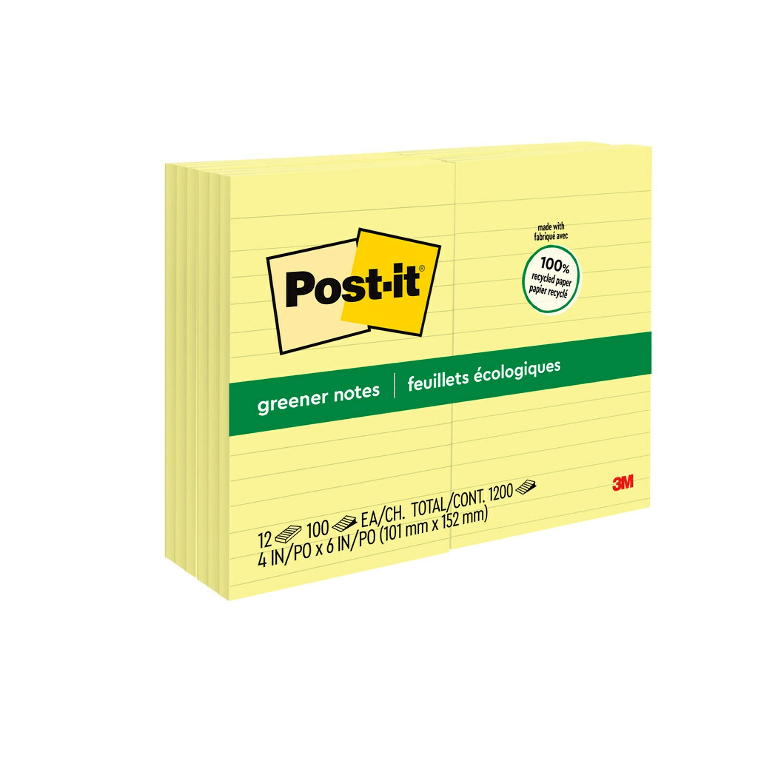 Post-it Greener Recycled Notes, 4" x 6", Canary Collection, Lined, 100 Sheet/Pad, 12 Pads/Pack (660RPYW)