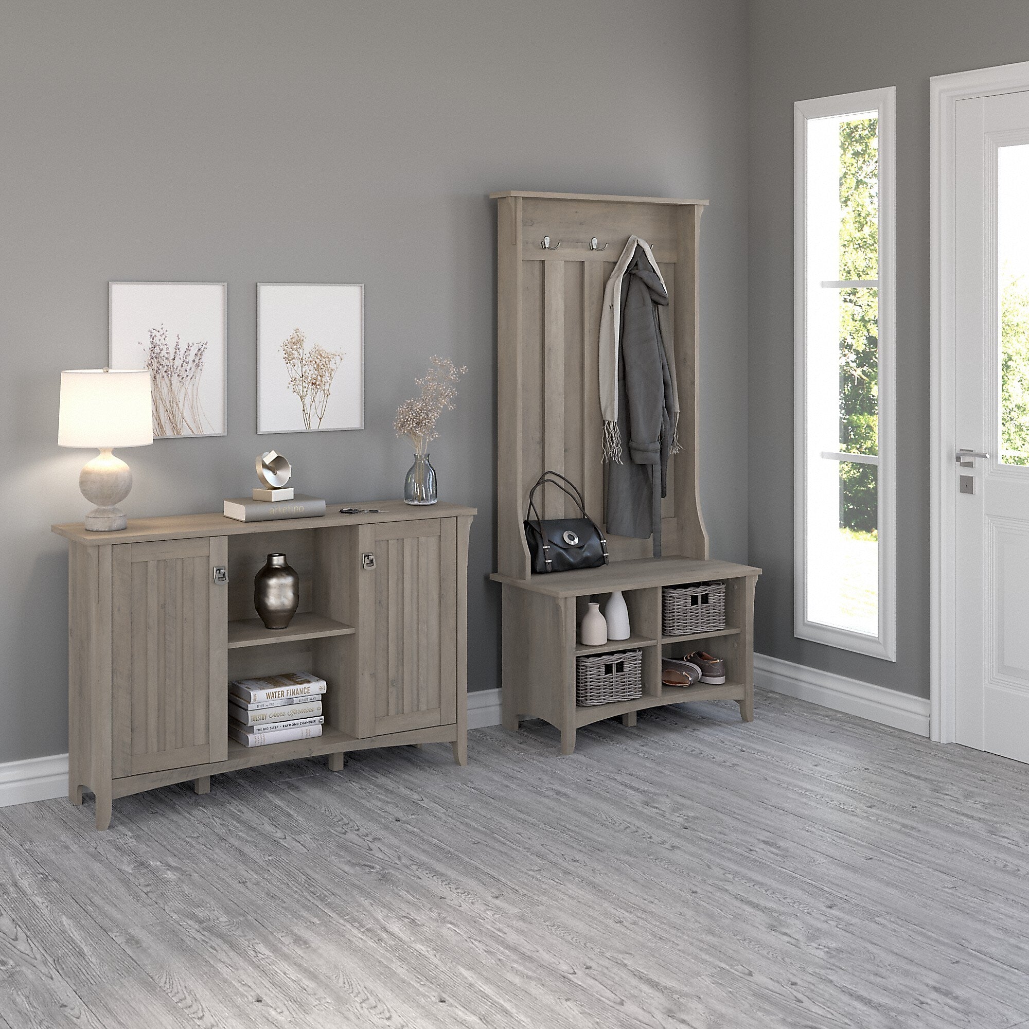 Bush Furniture Salinas 68" Storage Set with Hall Tree, Shoe Bench and Accent Cabinet, 5 Shelves, Driftwood Gray (SAL008DG)