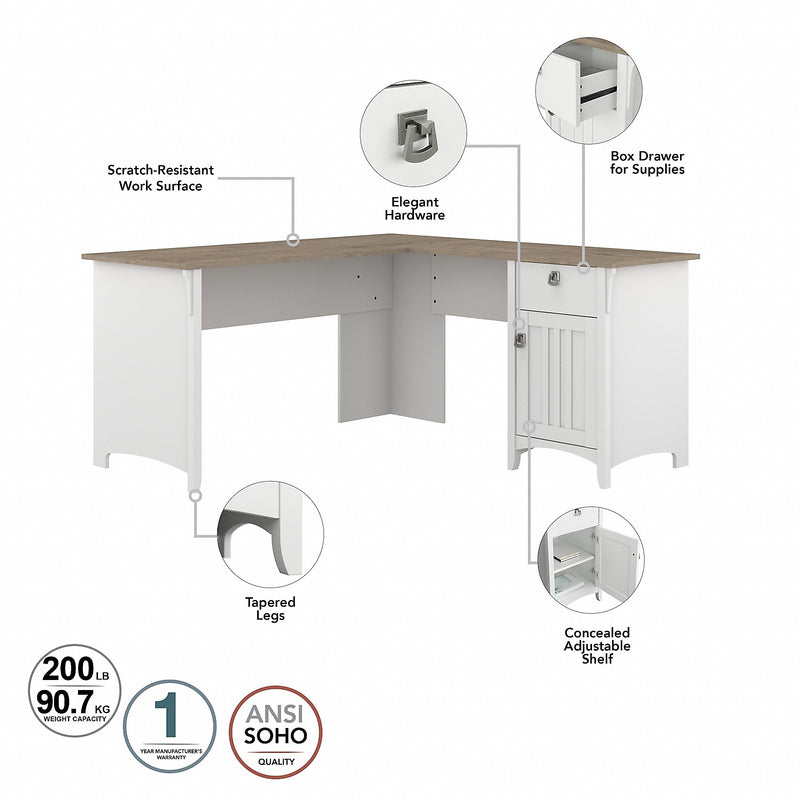 Bush Furniture Salinas 60" L-Shaped Desk, Shiplap Gray/Pure White (SAD160G2W-03)
