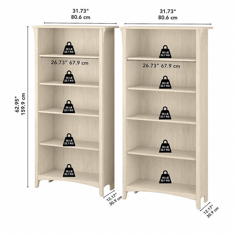 Bush Furniture Salinas 63"H 5-Shelf Tall Bookcase, Antique White, 2/Set (SAL036AW)