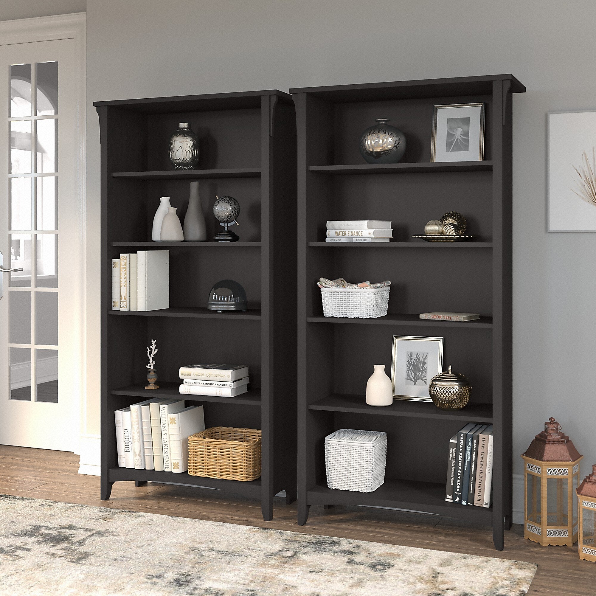 Bush Furniture Salinas 63"H 5-Shelf Tall Bookcase, Vintage Black, 2/Set (SAL036VB)