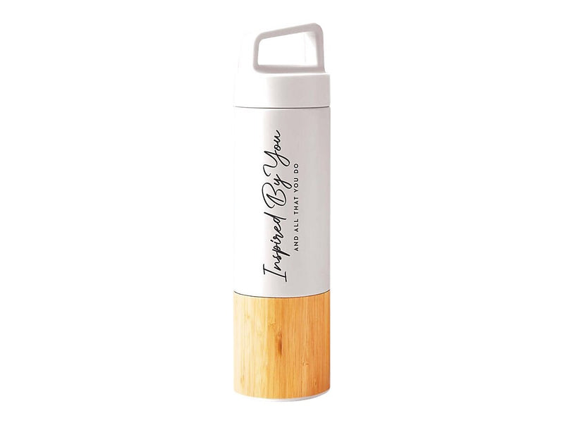 Baudville "Inspired by You and all that you do" Stainless Steel Double Wall Insulated Water Bottle, 18 oz., Bamboo/White (93170)