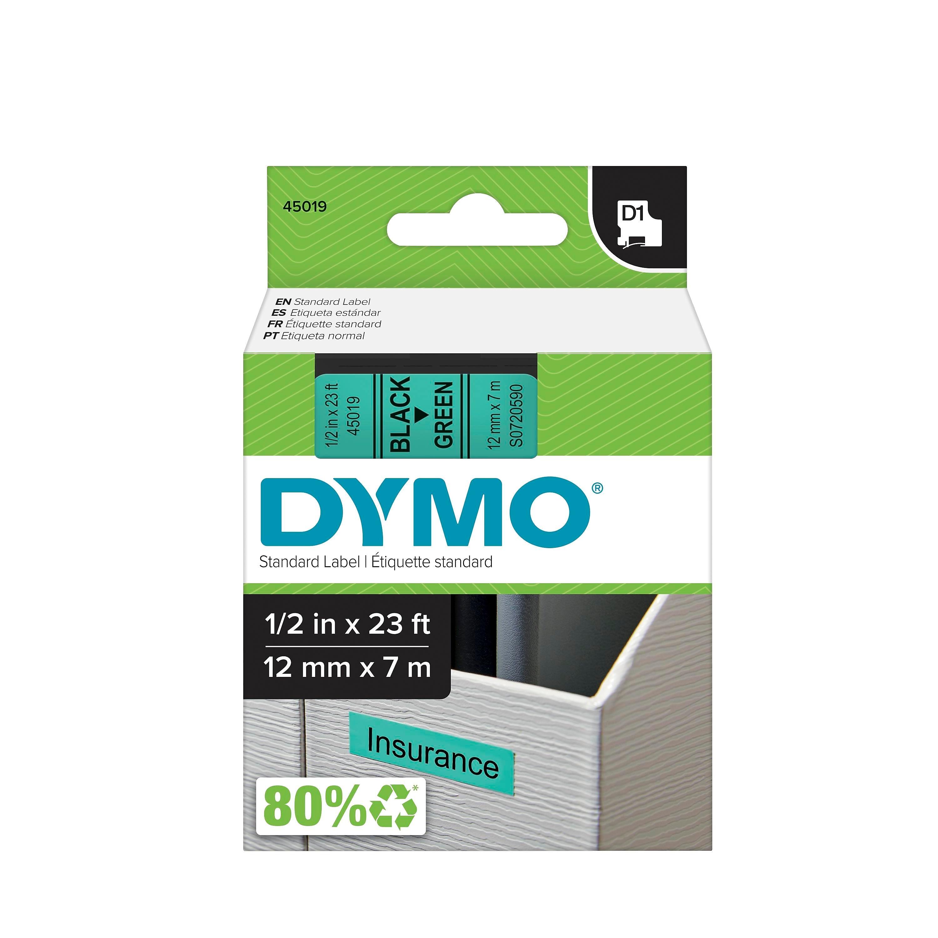 DYMO D1 Standard 45019 Label Maker Tape, 1/2" x 23', Black on Green (45019)