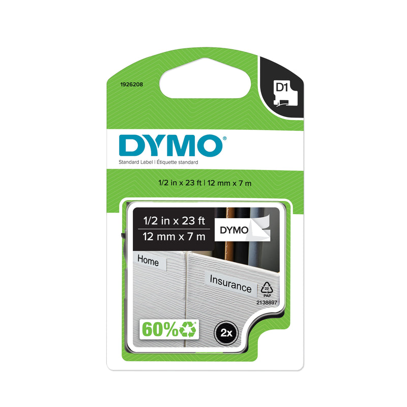 DYMO D1 Standard 1926208 Label Maker Tape, 1/2" x 23', Black on White, 2/Each (1926208)