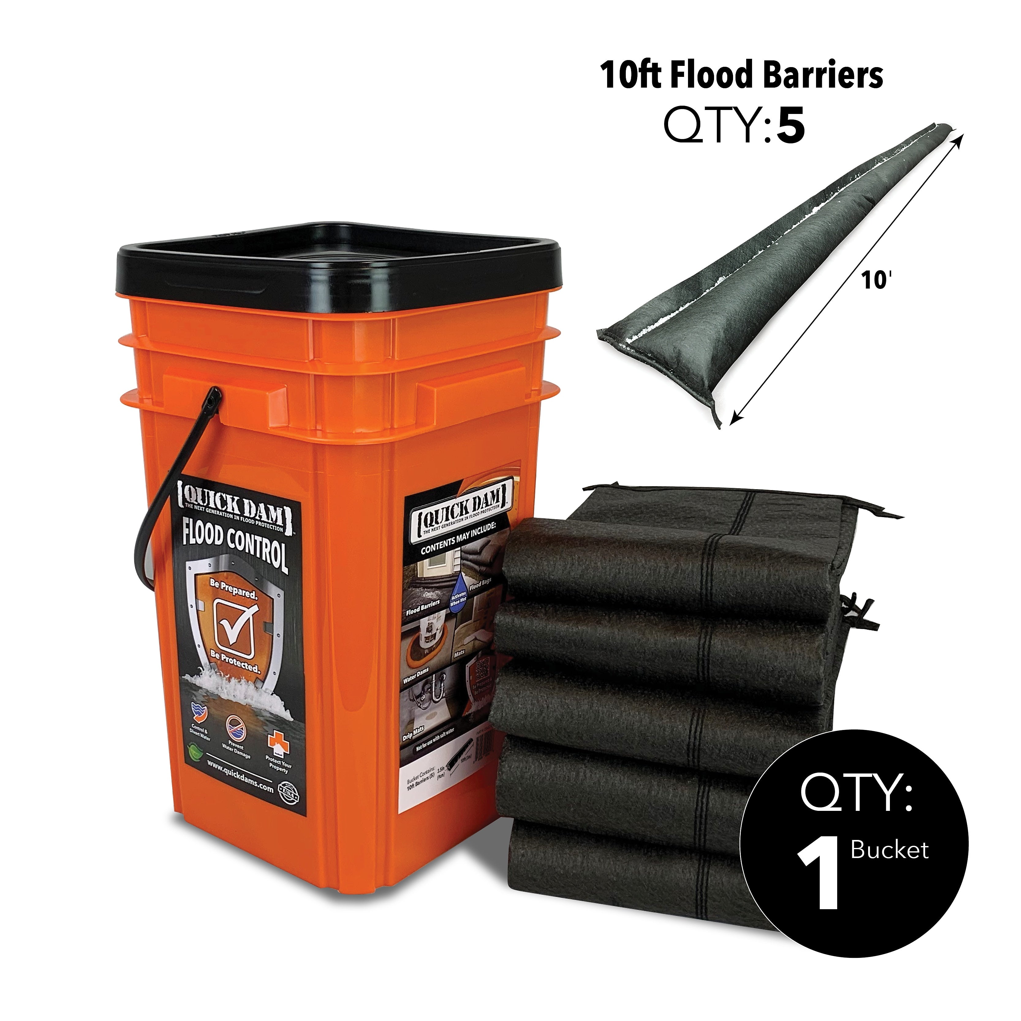 Quick Dam Grab & Go Flood Barrier, 120", Up to 8.5 Gal., 5/Box (QDGG10-5)