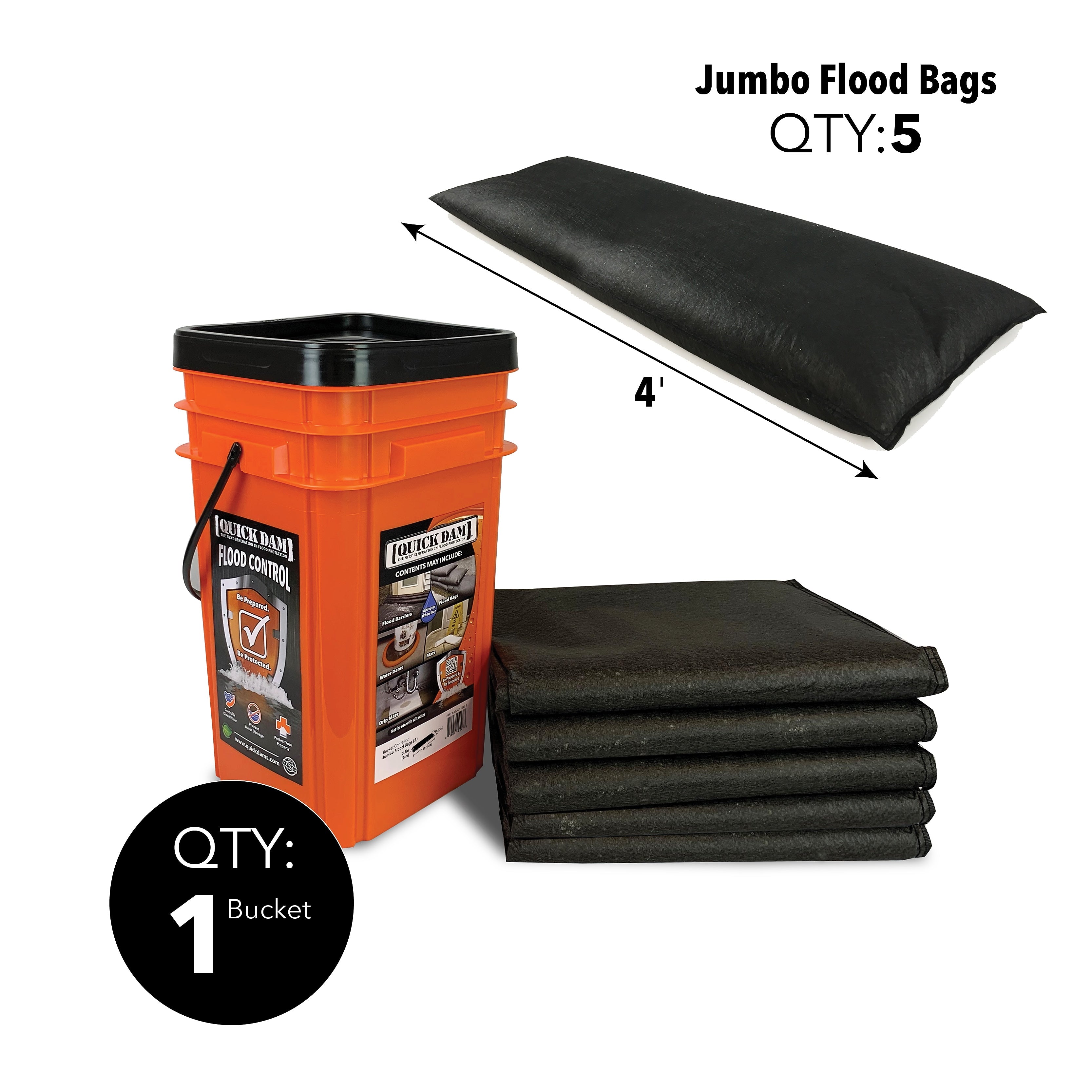 Quick Dam Grab & Go Jumbo Flood Bag, 48", Up to 8 Gal. 5/Box (QDGG1248-5)