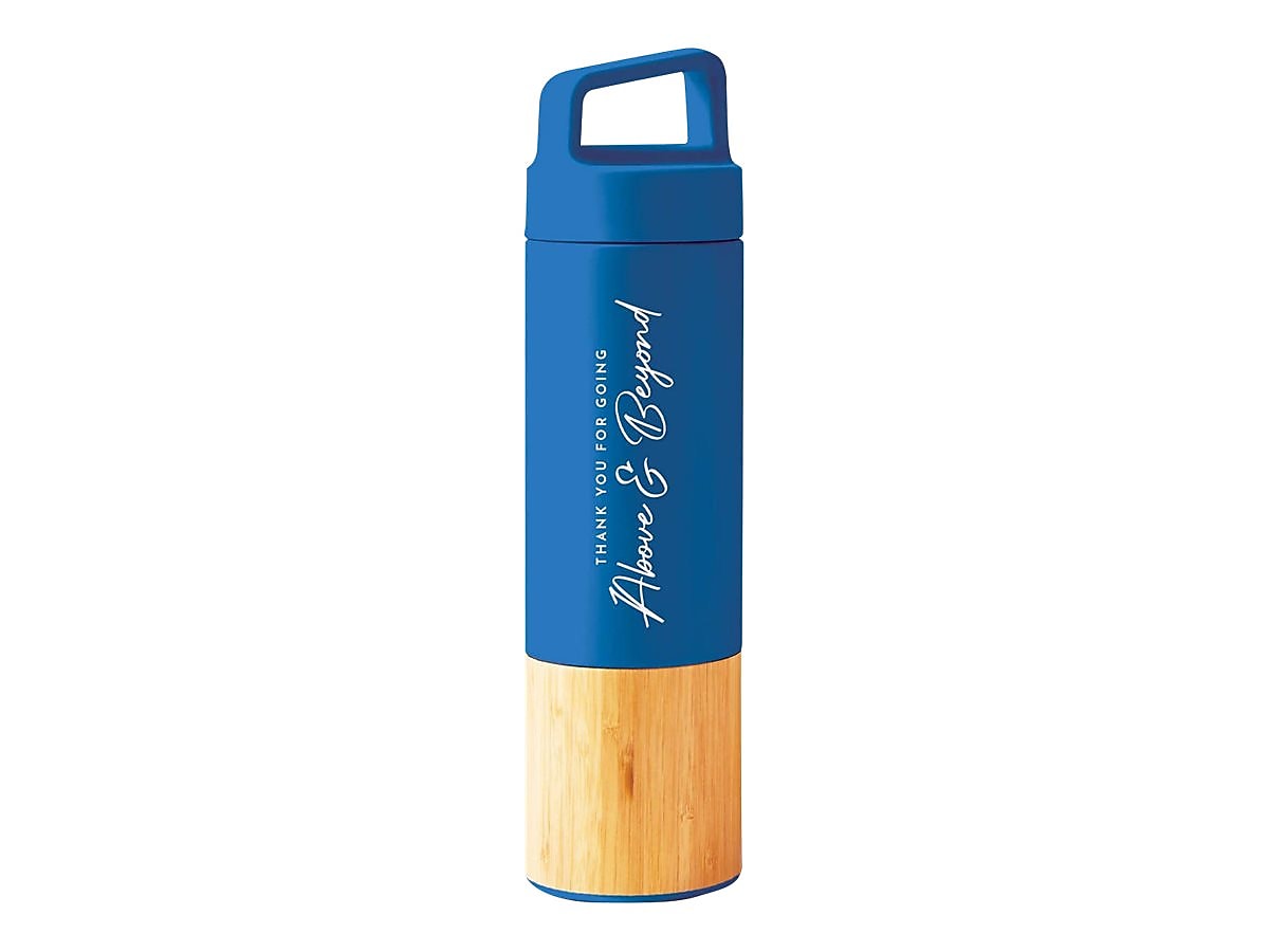 Baudville "Thank You for Going Above and Beyond" Stainless Steel Double Wall Insulated Water Bottle, 18 oz., Bamboo/Blue (93167)