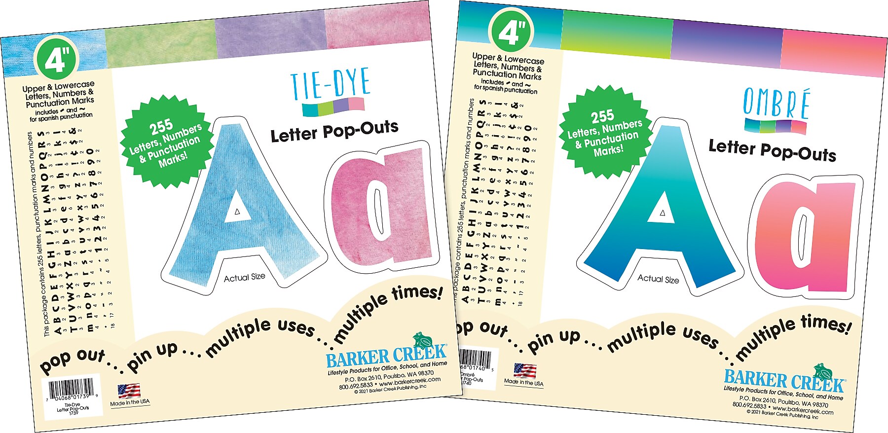Barker Creek Tie 4" Dye & Ombré Letters and Numbers, Multicolored, 510/Pack (4347)