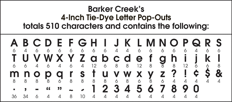 Barker Creek Tie 4" Dye & Ombré Letters and Numbers, Multicolored, 510/Pack (4348)
