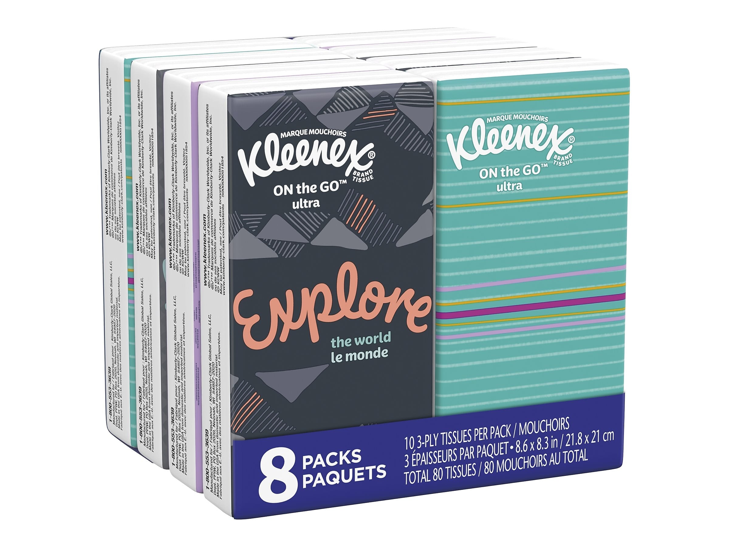 Kleenex On the Go Ultra Facial Tissue, 3-ply, 10 Tissues/Box, 8 Boxes/Pack (46551)
