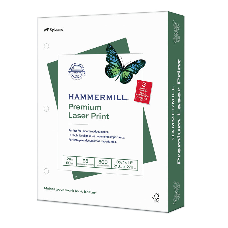 Hammermill Premium Laser Print 8.5" x 11" 3-Hole Punched Multipurpose Paper, 24 lbs., 98 Brightness, 500 Sheets/Ream (107681)