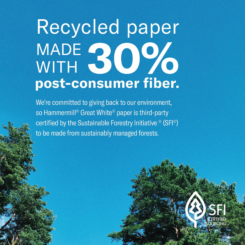 Hammermill Great White 30% Recycled 8.5" x 11" Copy Paper, 20 lbs., 92 Brightness, 5000 Sheets/Carton (86700)