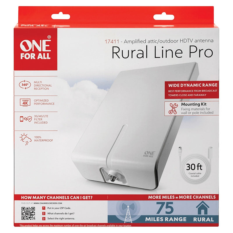 One For All Rural Line Pro Amplified Outdoor HDTV Antenna with Mounting Kit (17411)