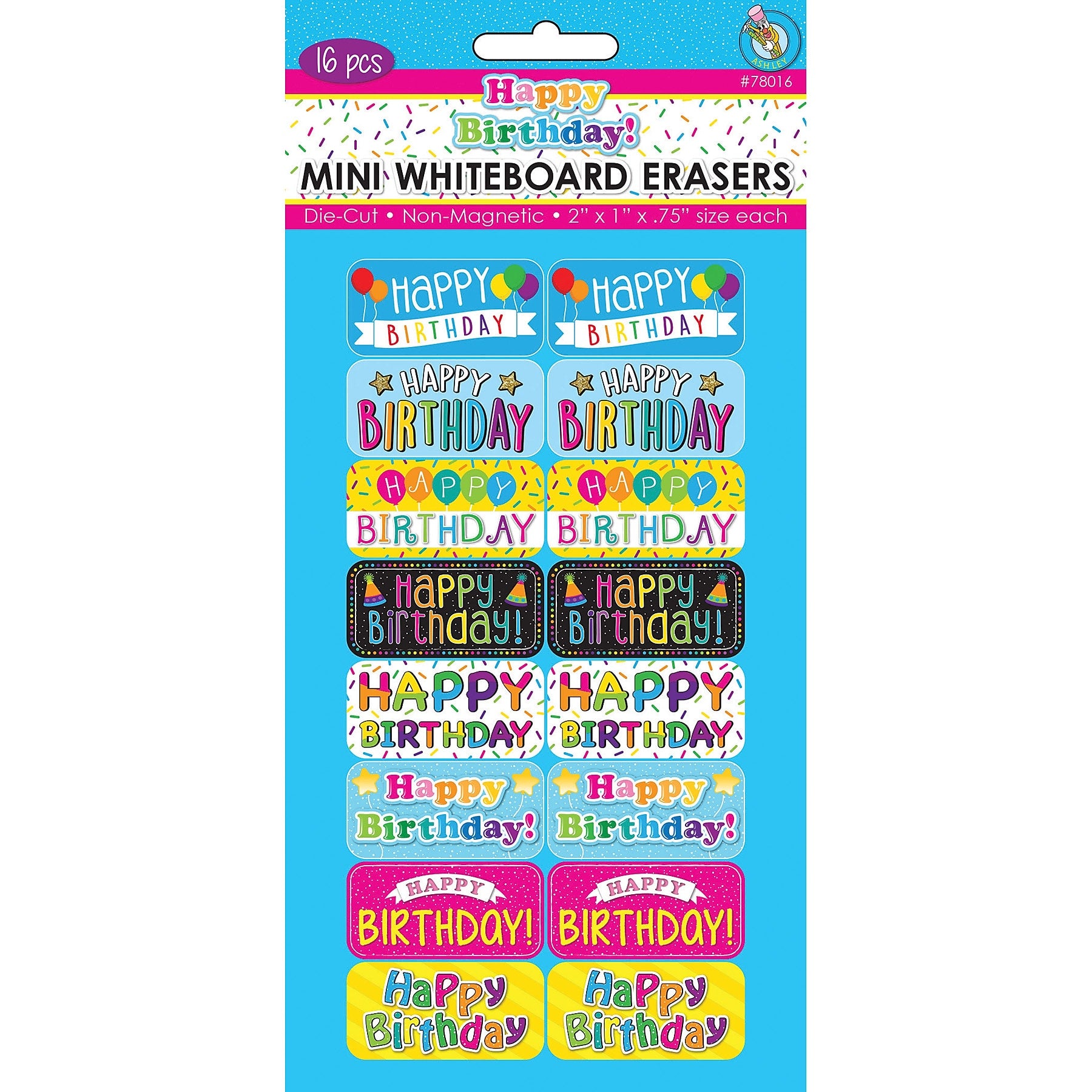 Ashley Productions Mini Whiteboard Erasers, Happy Birthday, 2" x 1" x 0.75", Pack of 16 (ASH78016)