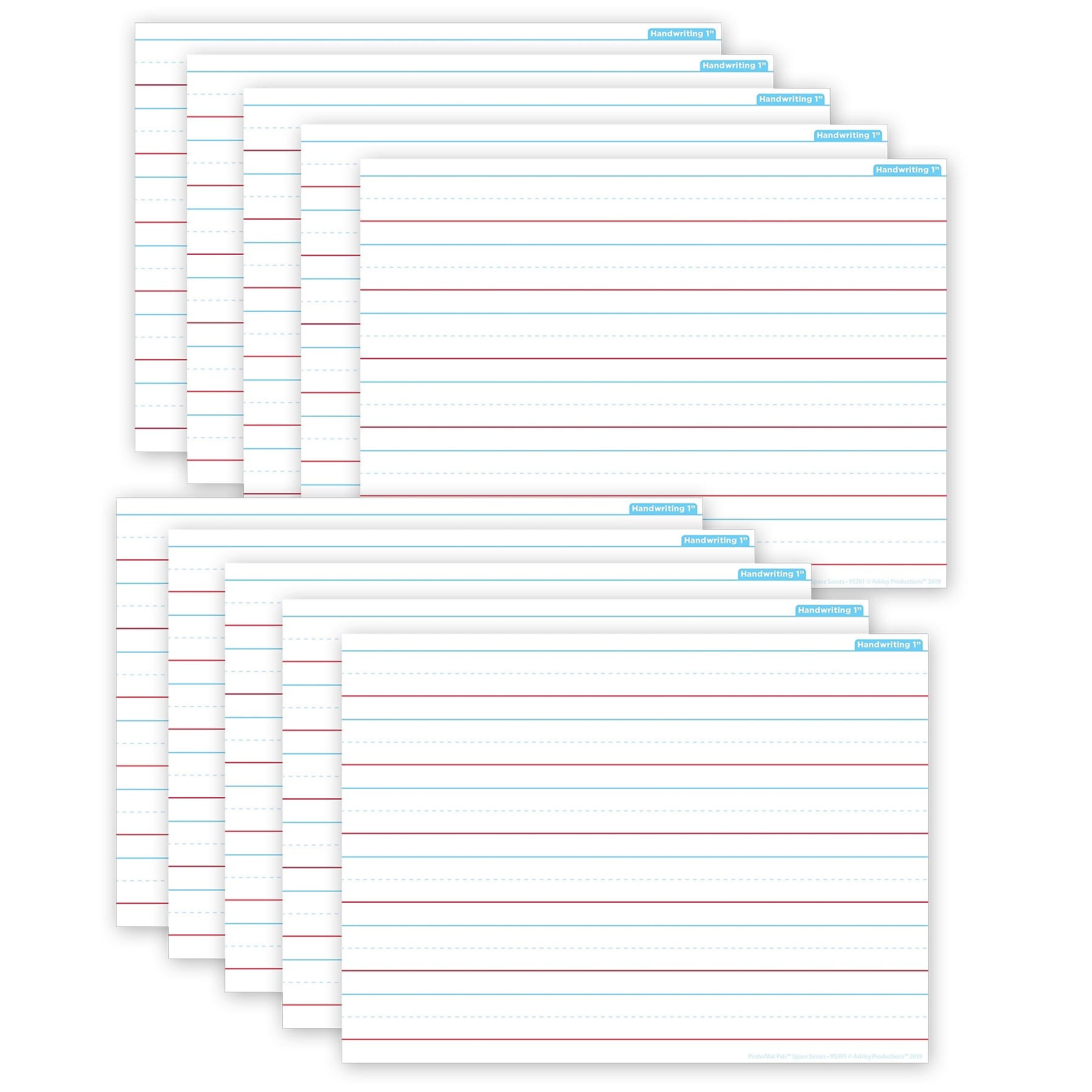 Ashley Productions® Smart Poly® PosterMat Pals® Space Savers Handwriting, 1" Ruling, 13" x 9.5", Pack of 10 (ASH97001)