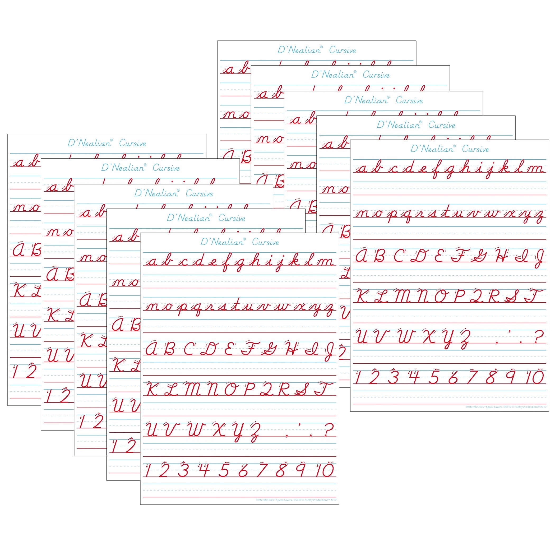 Ashley Productions® Smart Poly® PosterMat Pals® Space Savers D'Nealian Cursive, 13" x 9.5", Pack of 10 (ASH97010)
