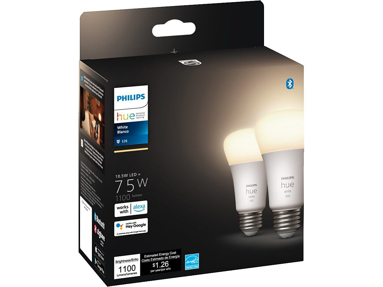 Philips Hue White Light Bulb, A19 2700K 10.5W E26, 2/Pack (563007)