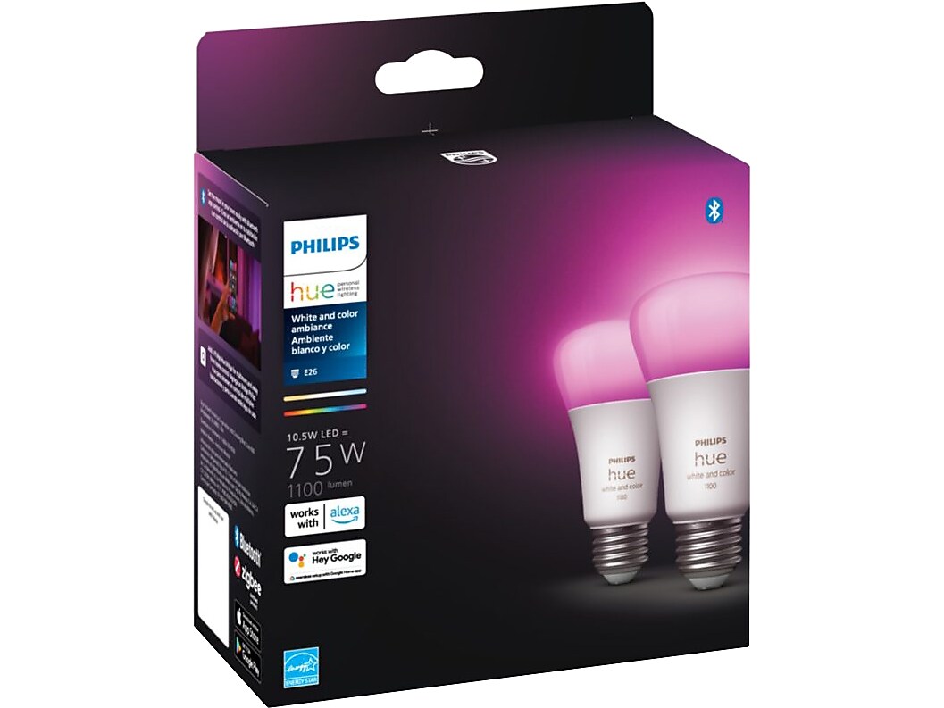 Philips Hue White Light Bulb, A21 16 Million Colors 10.5W E26, 2/Pack (563361)