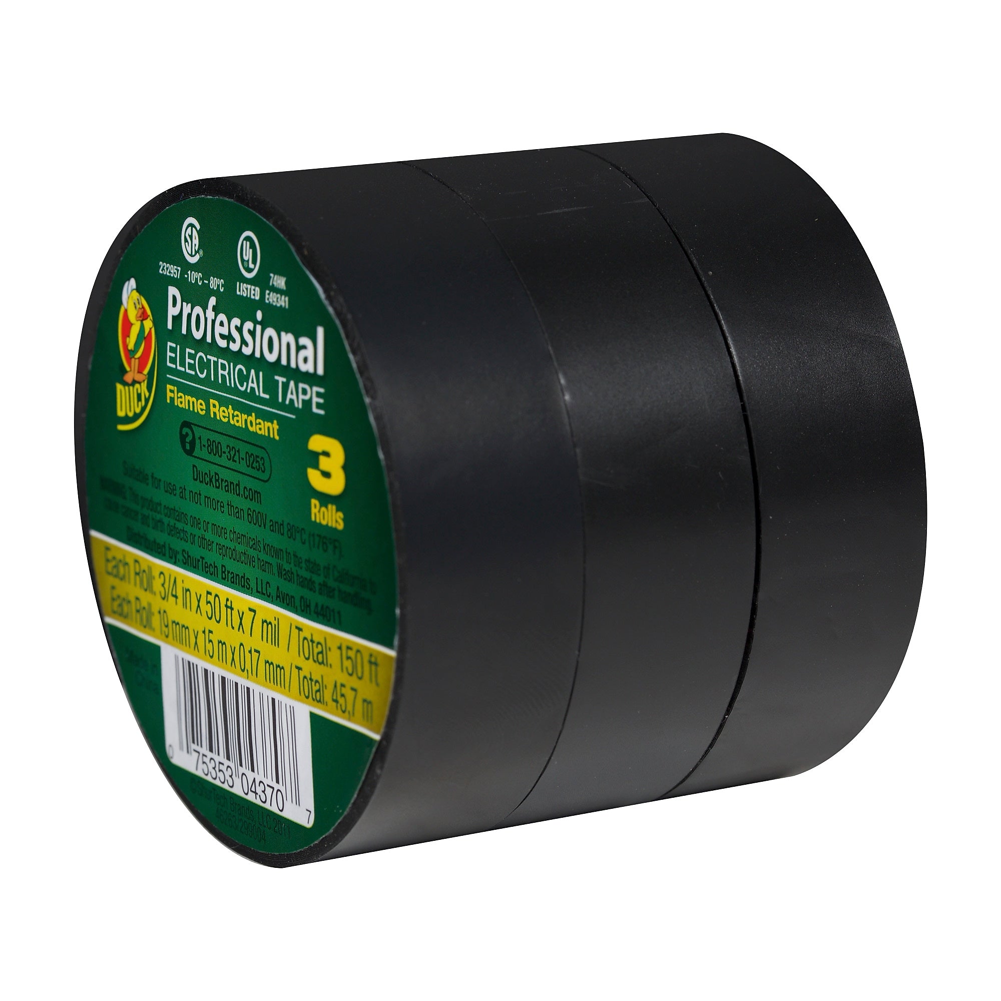 Duck Professional Heavy Duty Vinyl Electrical Tape, 0.75" x 50', Black, 3/Pack (299004)