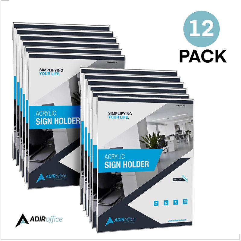 AdirOffice Wall Mount Sign Holder, 8.5" x 11", Desktop/Wall, Clear Acrylic, 12/Pack (639-8511-12-WM)