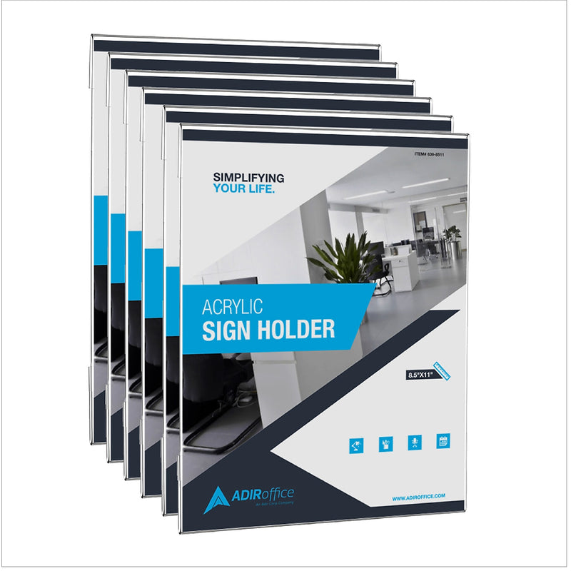 AdirOffice Wall Mount Sign Holder, 8.5" x 11", Desktop/Wall, Clear Acrylic, 12/Pack (639-8511-12-WM)