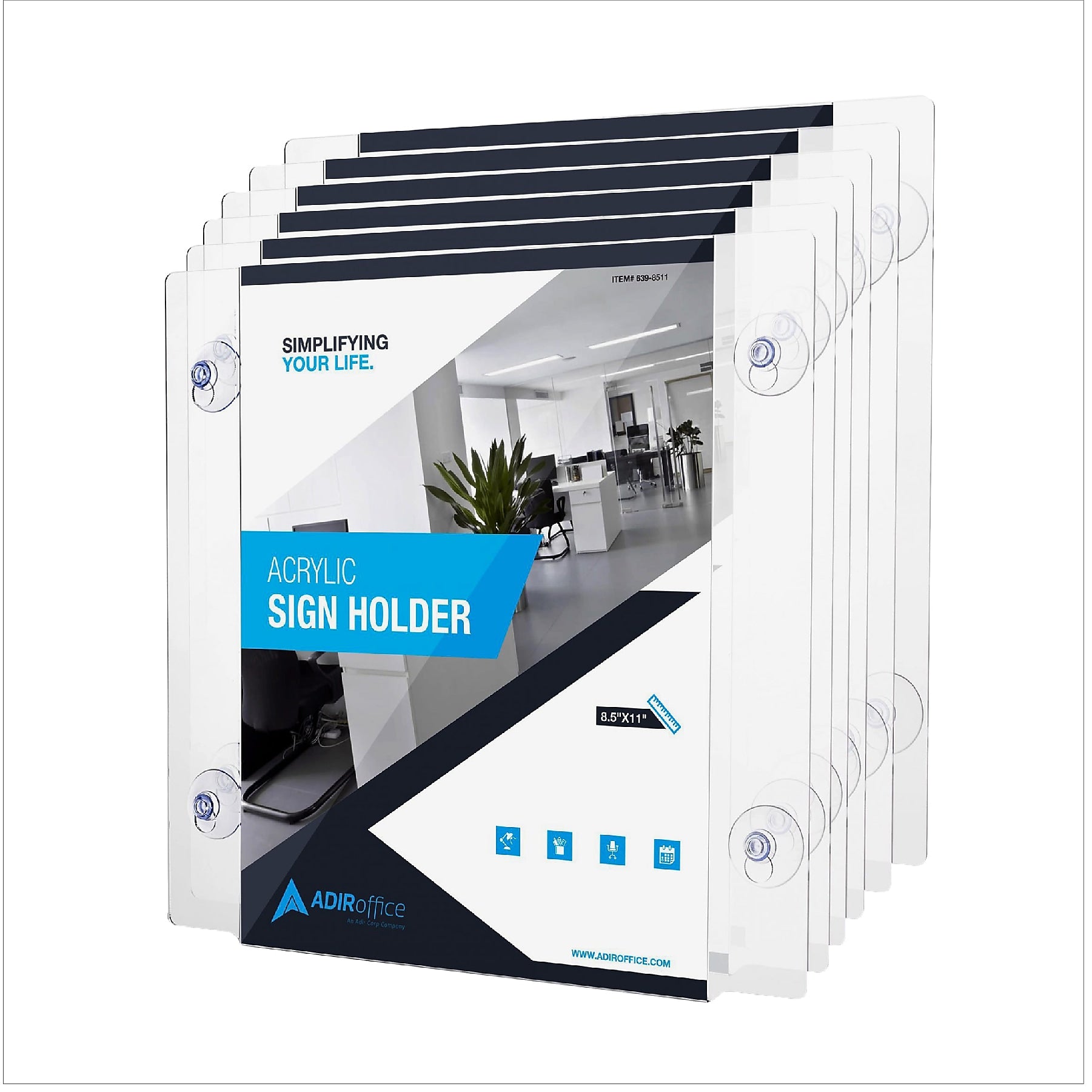 AdirOffice Window Sign Holder, 8.5" x 11", Vertical/Horizontal, Side Loading, Clear Acrylic, 6/Pack (639-8511-WSH-6)