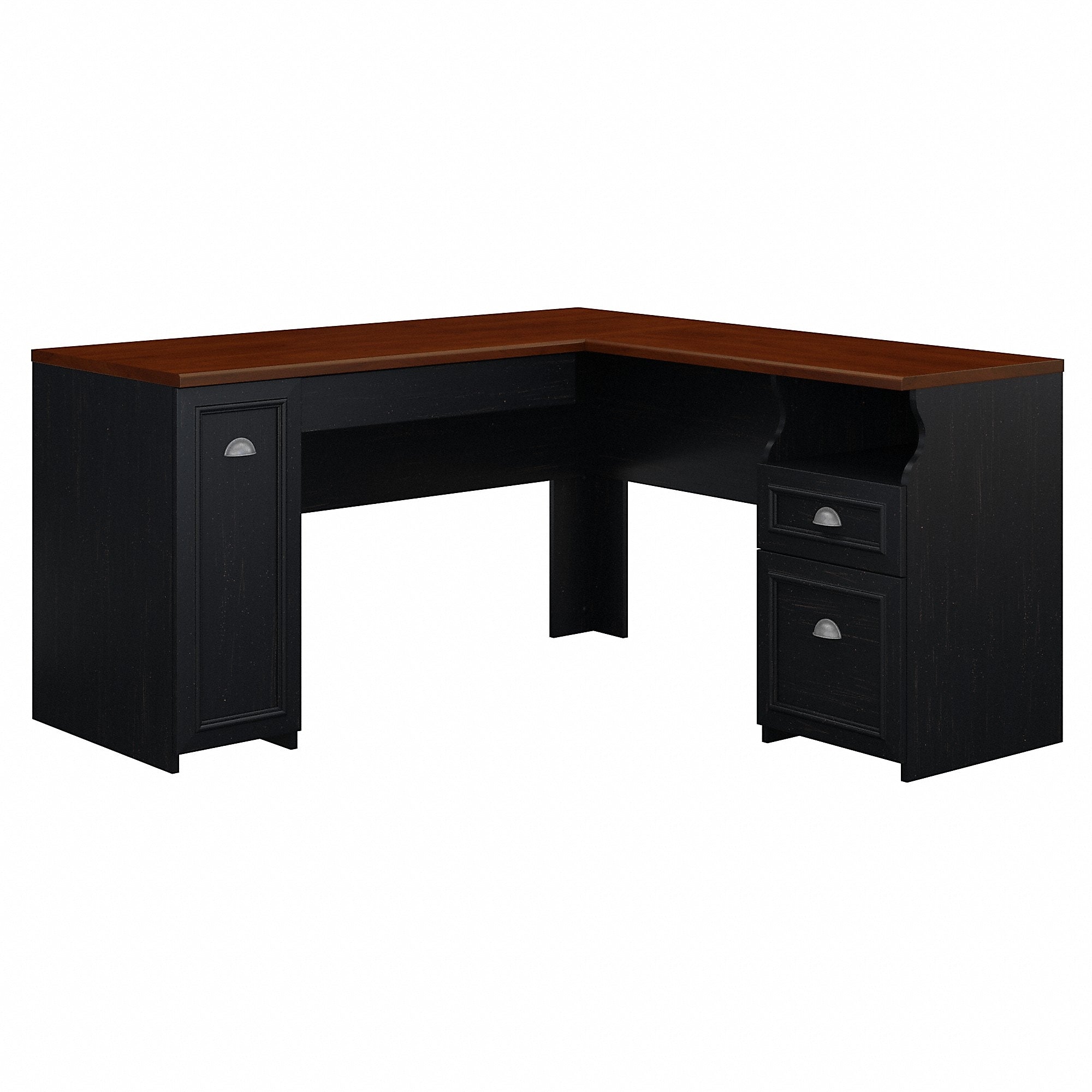 Bush Furniture Fairview 60"W L Shaped Desk with Drawers and Storage Cabinet, Antique Black/Hansen Cherry (WC53930-03K)