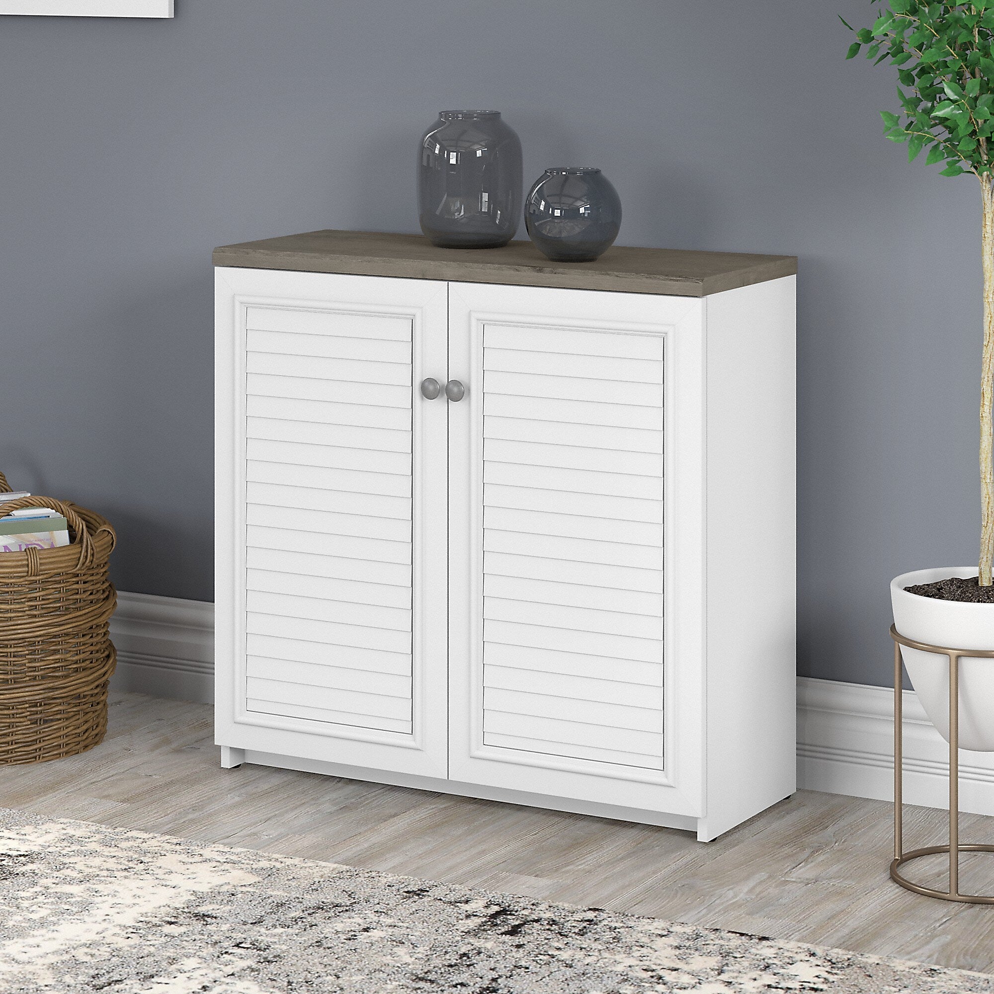 Bush Furniture Fairview 30" Small Storage Cabinet with 3 Shelves, Shiplap Gray/Pure White (WC53696-03)