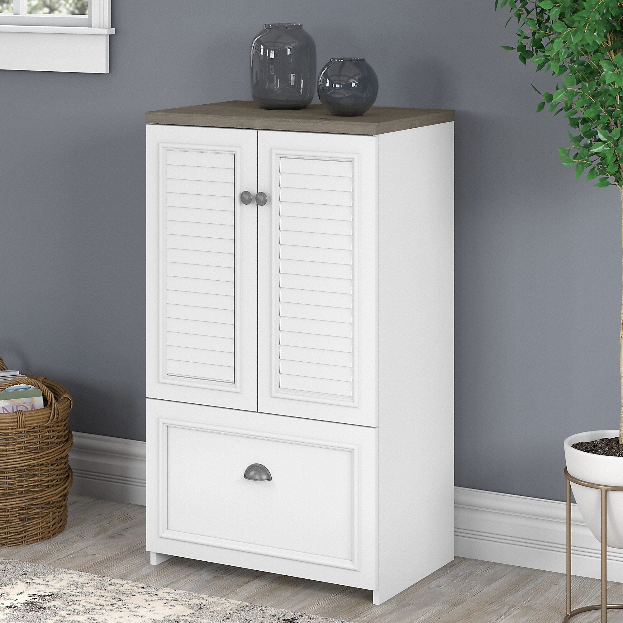 Bush Furniture Fairview 42" Storage Cabinet with 3 Shelves, Shiplap Gray/Pure White (WC53680-03)