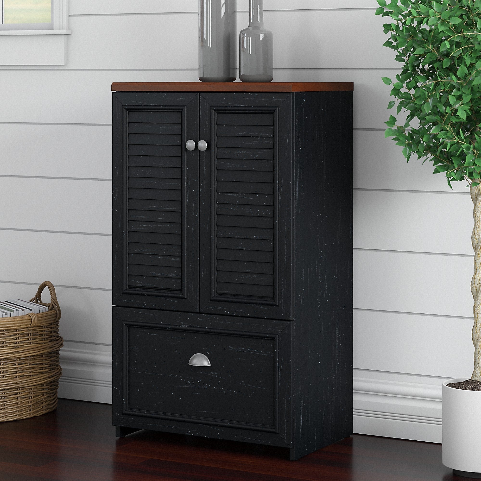 Bush Furniture Fairview 42"H Storage Cabinet with 3 Shelves, Antique Black/Hansen Cherry (WC53980-03)