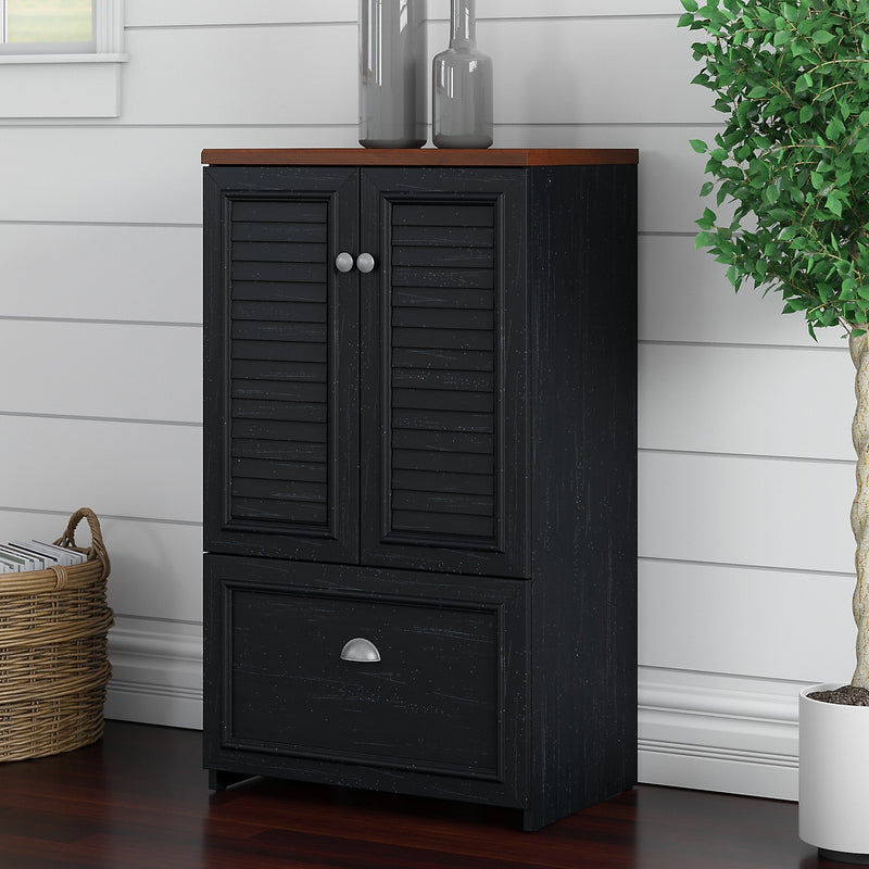 Bush Furniture Fairview 42"H Storage Cabinet with 3 Shelves, Antique Black/Hansen Cherry (WC53980-03)