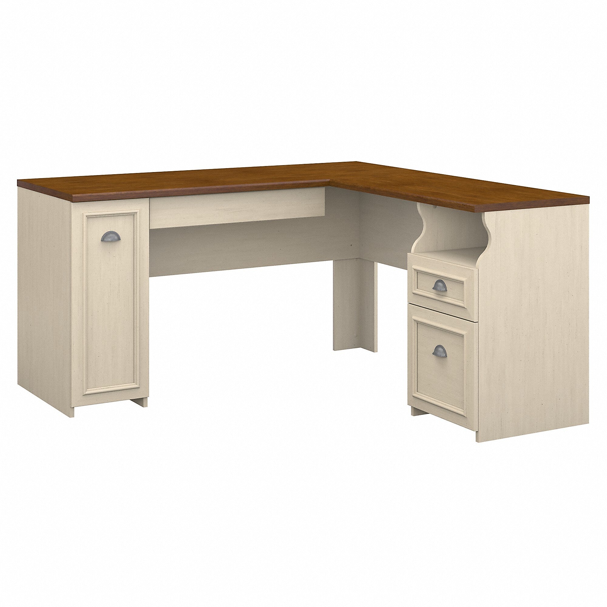 Bush Furniture Fairview 60"W L Shaped Desk with Drawers and Storage Cabinet, Antique White/Tea Maple (WC53230-03K)