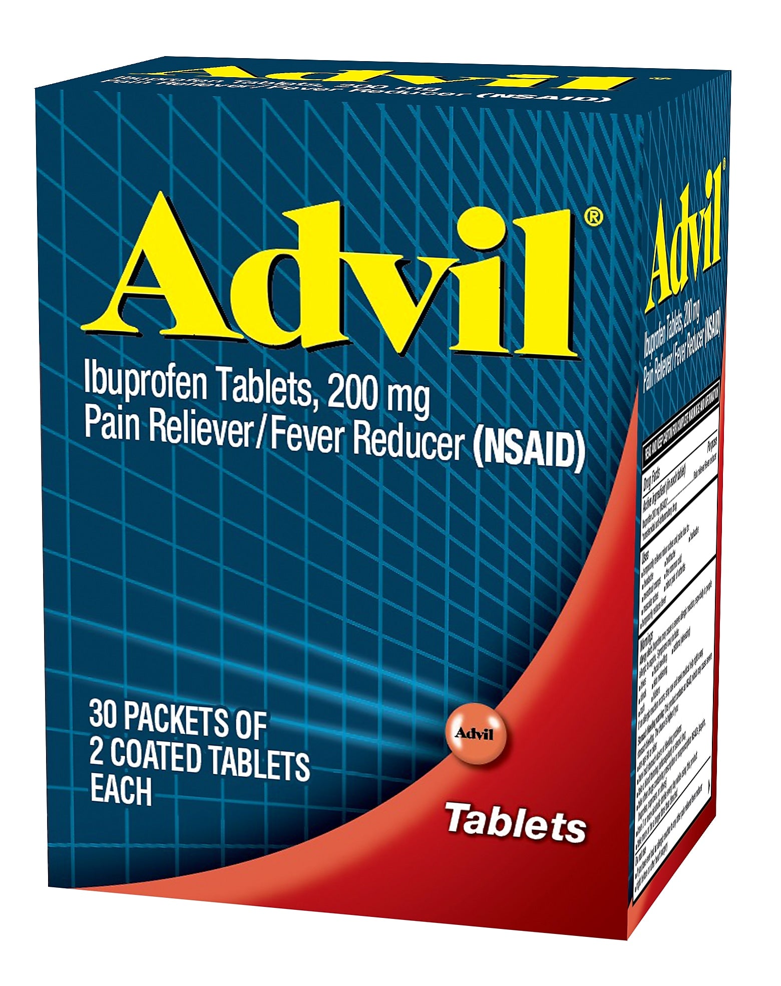 Advil 200mg Ibuprofen Pain Reliever Tablet, 2/Packet, 30 Packets/Box (64008/7012-30)