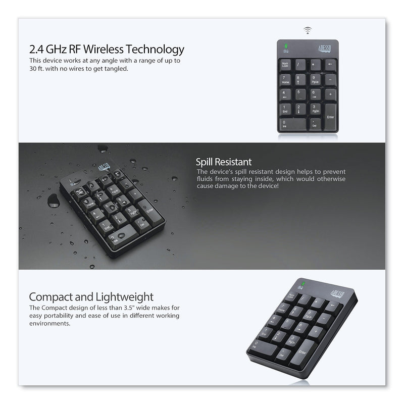 Adesso Wireless 18-Key Numeric Keypad, Black (ADEWKB6010UB)