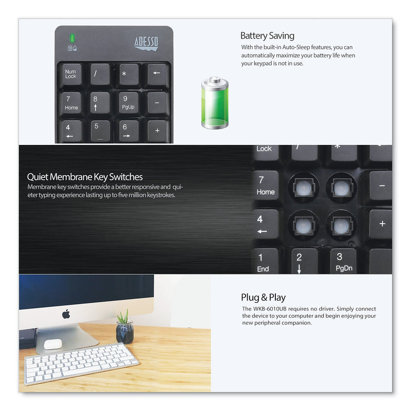 Adesso Wireless 18-Key Numeric Keypad, Black (ADEWKB6010UB)