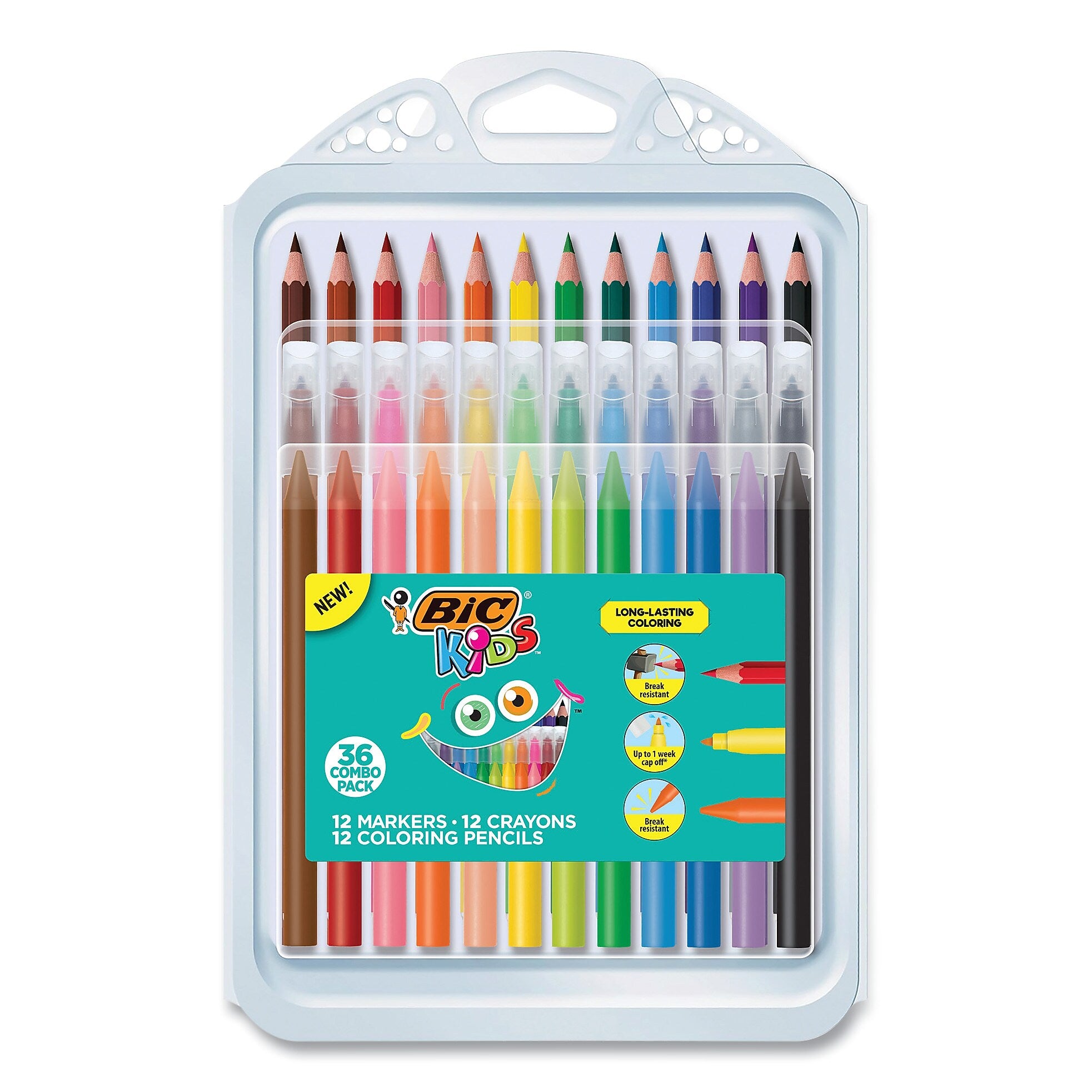 BIC Kids Coloring Combo Pack in Durable Case, 12 Each: Colored Pencils, Crayons, Markers