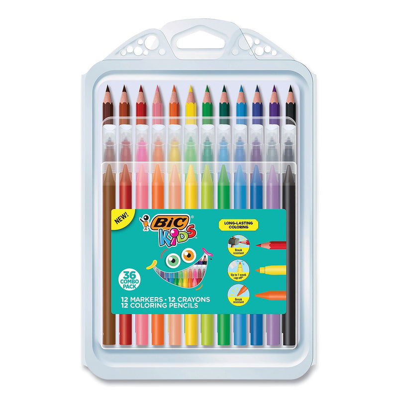 BIC Kids Coloring Combo Pack in Durable Case, 12 Each: Colored Pencils, Crayons, Markers