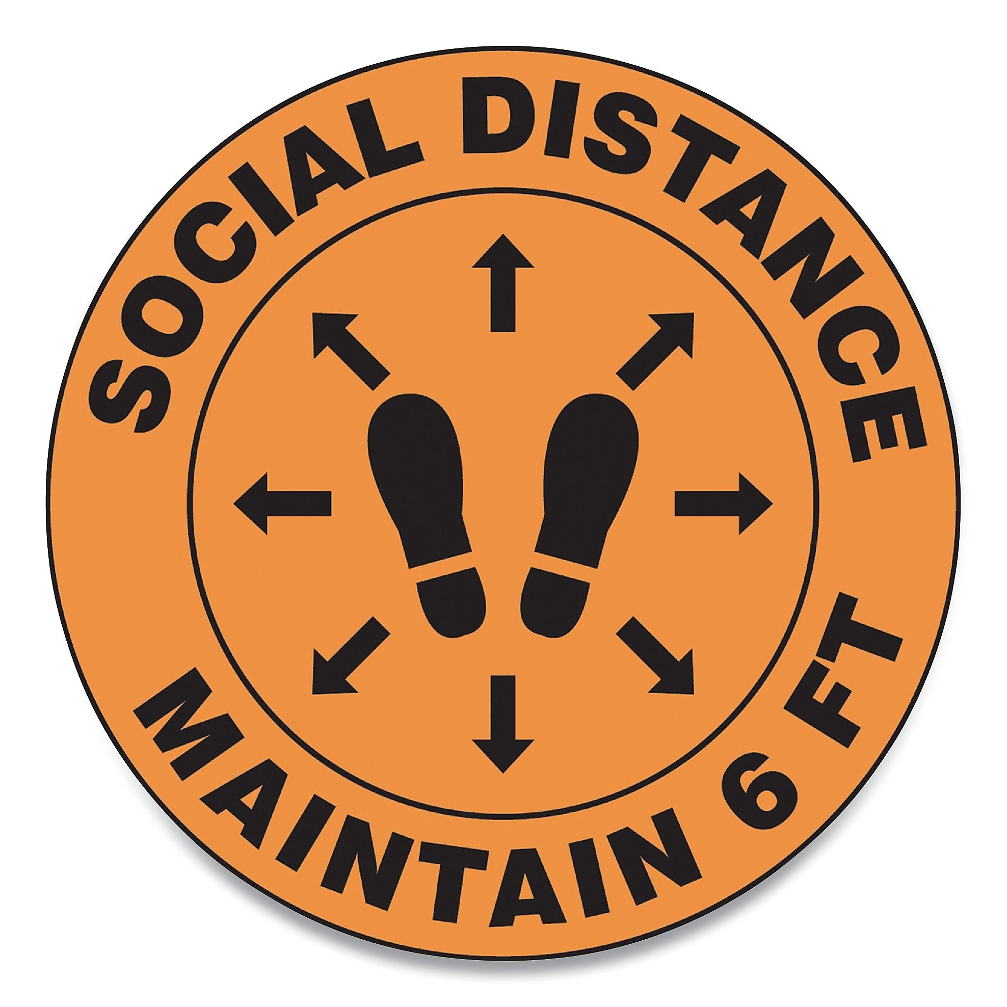 Accuform Slip-Gard Social Distance Floor Signs, 12" Circle, "Social Distance Maintain 6 ft", Footprint, Orange, 25/Pack