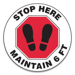 Accuform Slip-Gard Social Distance Floor Signs, 12" Circle, "Stop Here Maintain 6 ft", Footprint, Red/White, 25/Pack