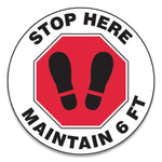 Accuform Slip-Gard Social Distance Floor Signs, 17" Circle, "Stop Here Maintain 6 ft", Footprint, Red/White, 25/Pack