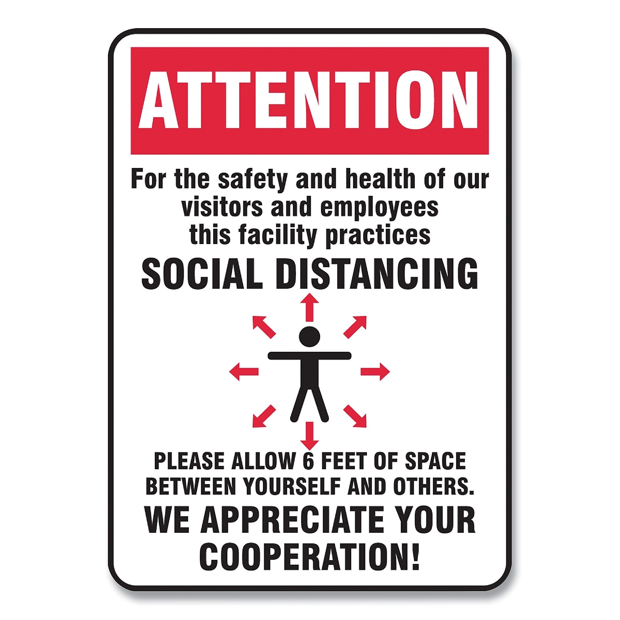 Accuform Social Distance Signs, Wall, 7 x 10, Visitors and Employees Distancing, Humans/Arrows, Red/White, 10/Pack