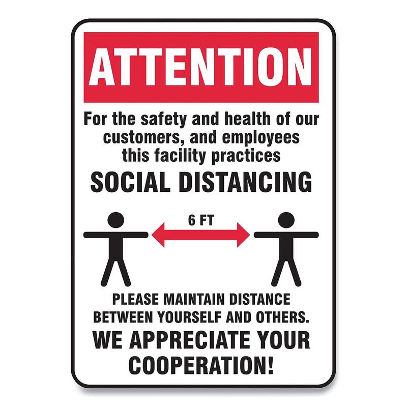 Accuform Social Distance Signs, Wall, 10 x 14, Customers and Employees Distancing, Humans/Arrows, Red/White, 10/Pack