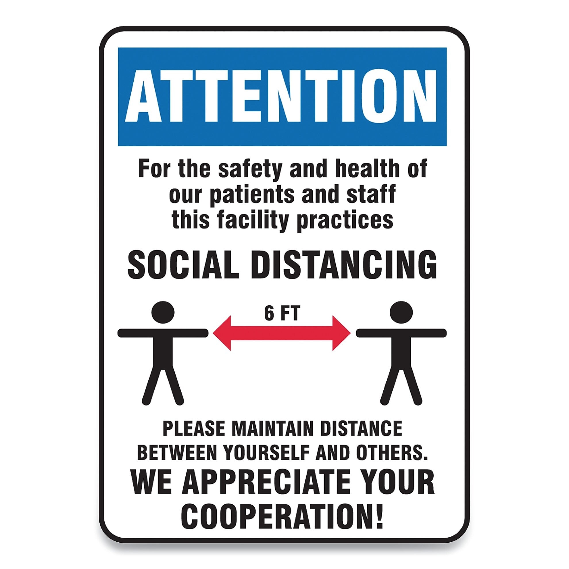 Accuform Social Distance Signs, Wall, 10 x 14, Patients and Staff Social Distancing, Humans/Arrows, Blue/White, 10/Pack