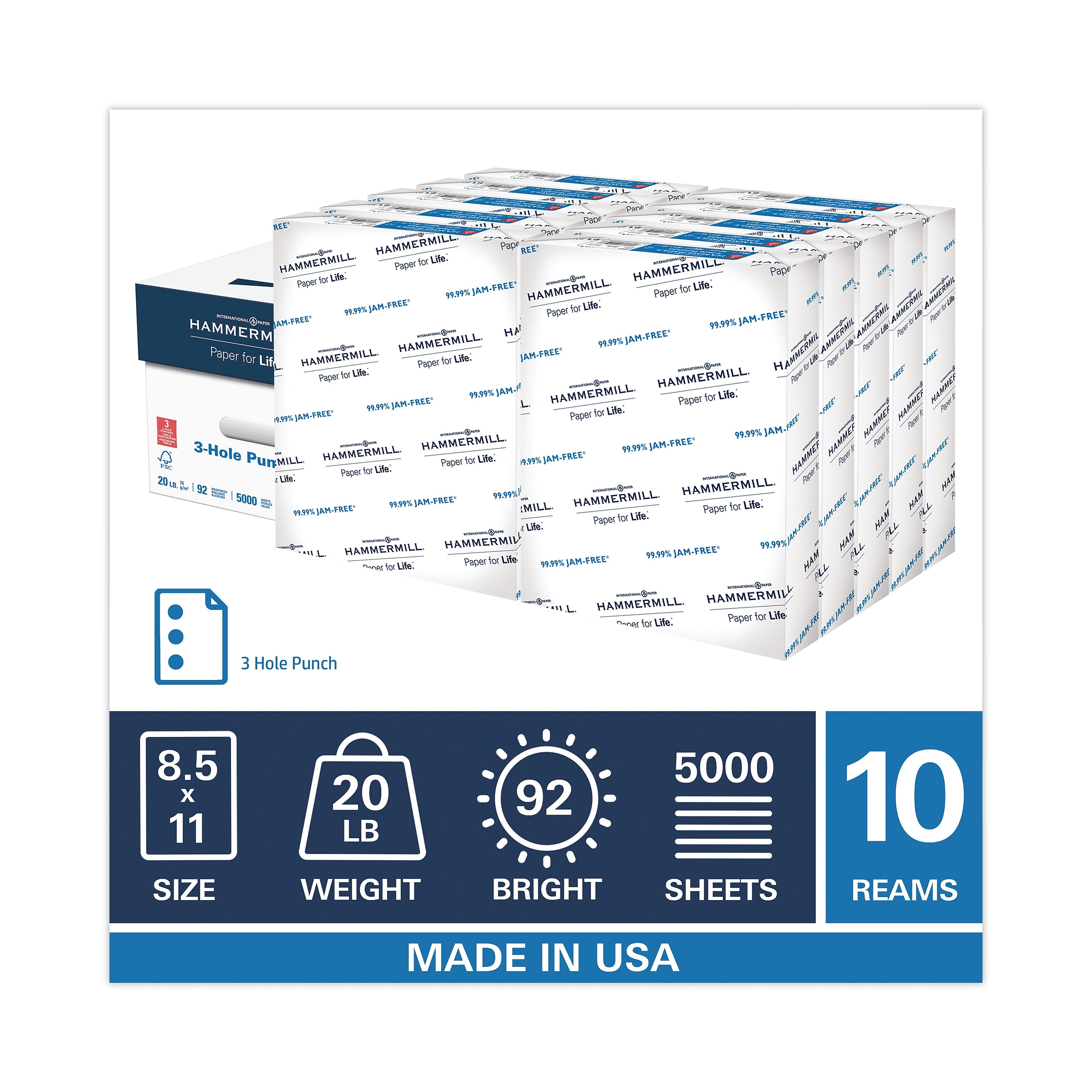 Hammermill Copy Plus Print Paper, 92 Bright, 3-Hole, 20 lb, 8.5 x 11, White, 500 Sheets/Ream, 10 Reams/Carton