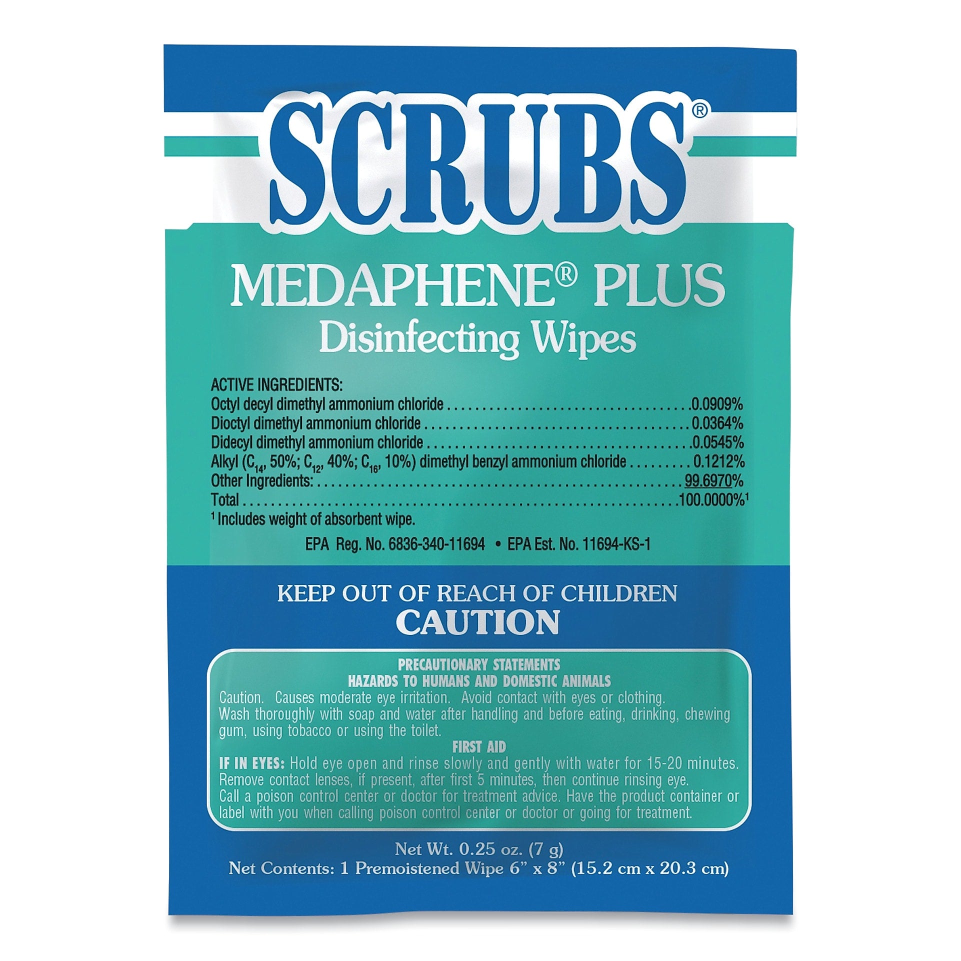SCRUBS Medaphene Disinfectant Wet Wipes, 6 x 8, White, Individually Wrapped Foil Packets, 100/Carton