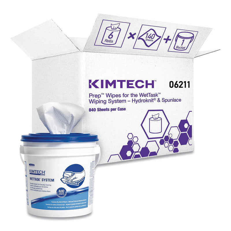 Kimtech Wipers for WETTASK System, Bleach, Disinfectants and Sanitizers, 6 x 12, 140/Roll, 6 Rolls and 1 Bucket/Carton