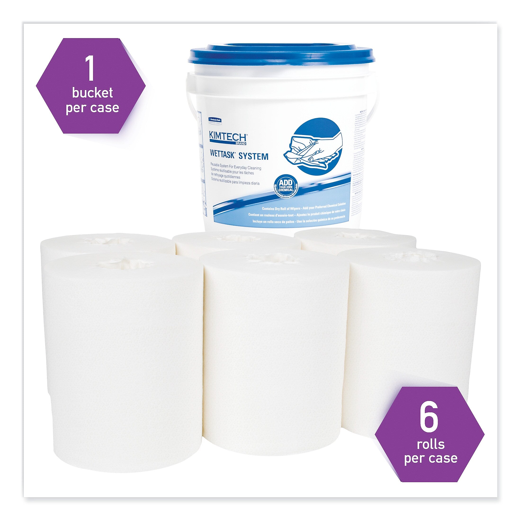 Kimtech Wipers for WETTASK System, Bleach, Disinfectants and Sanitizers, 6 x 12, 140/Roll, 6 Rolls and 1 Bucket/Carton