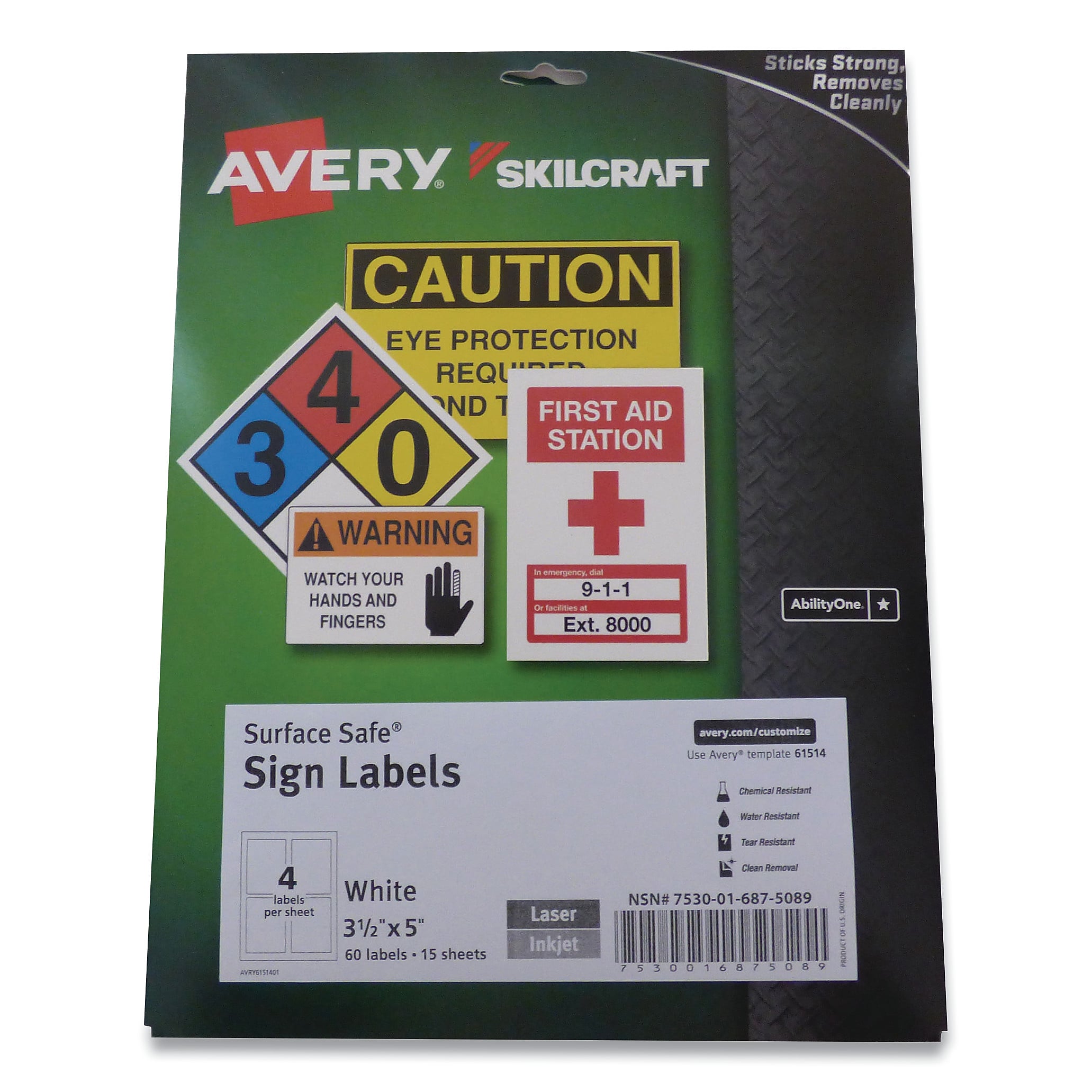 AbilityOne 7530016875089 SKILCRAFT/AVERY Surface Safe Sign Labels, 3.5 x 5, White, 4/Sheet, 15 Sheets/Box